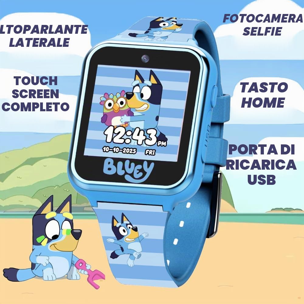 Accutime Bluey Smartwatch per bambini con fotocamera, giochi, pedometro e registratore audio per gioco creativo e apprendimento, touchscreen da 1,5", blu, adatto per polsi da 5,5 a 8 pollici, per