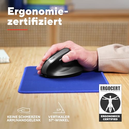 Trust Yuno Wiederaufladbare Vertikale Maus, Kabellose Ergonomische Maus 2.4GHz, Vorbeugung Gegen Mausarm/Tennisarm (RSI Syndrom), 800-2400 DPI, 70% Recyclingkunststoff, PC, Laptop, Mac - Schwarz – Bild 4
