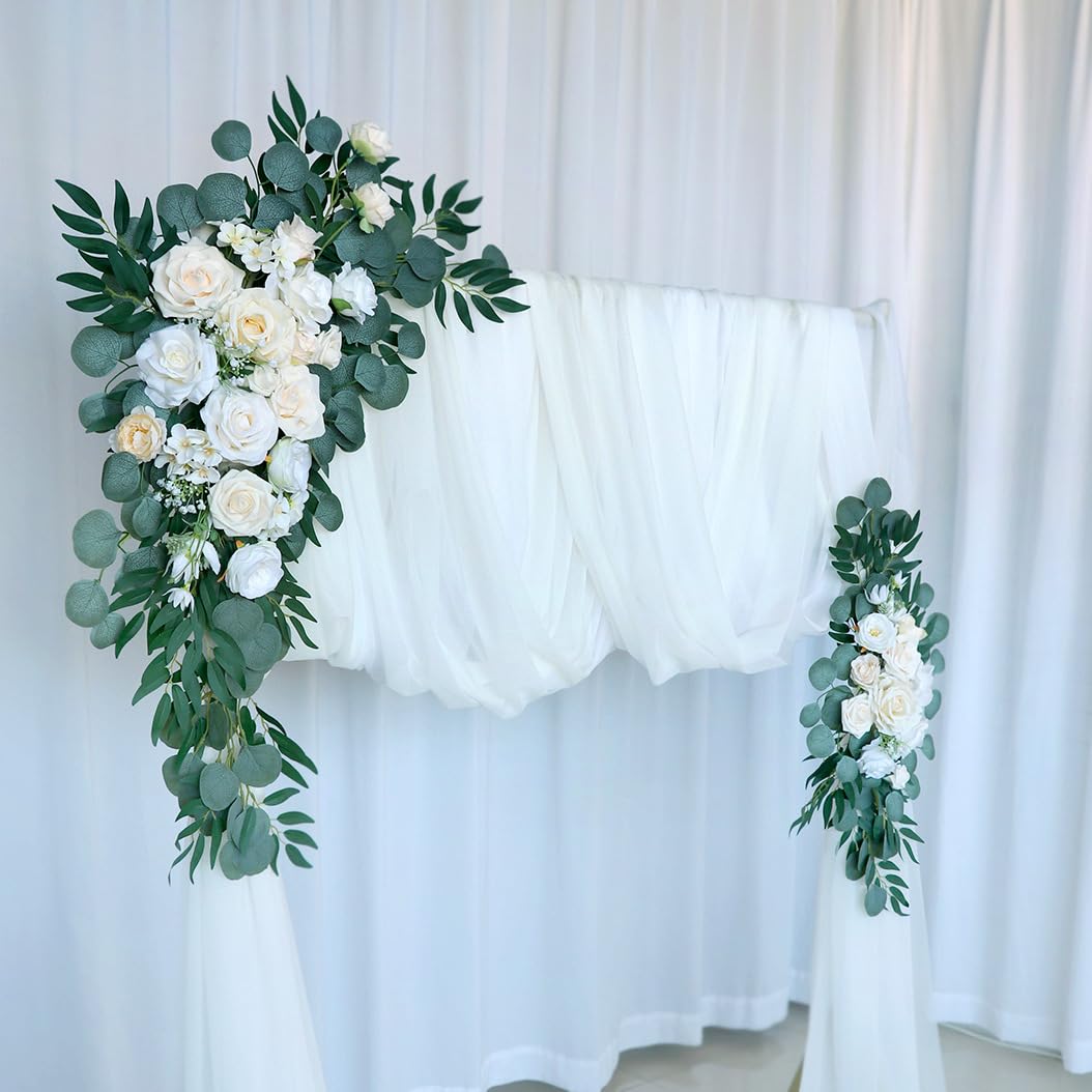 Hochzeit Bogen Blumen Swag (Packung mit 2), künstliche Rosen Swag Blumen für Hochzeit Zeremonie Empfang Backdrop Stuhl Willkommen Zeichen Dekoration (Weiß Champagner)