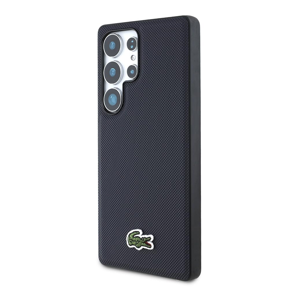 CG MOBILE Lacoste Iconic Petit Piqué Logo tissé Compatible avec MagSafe Coque pour Samsung Galaxy S25 Ultra (Bleu marine)