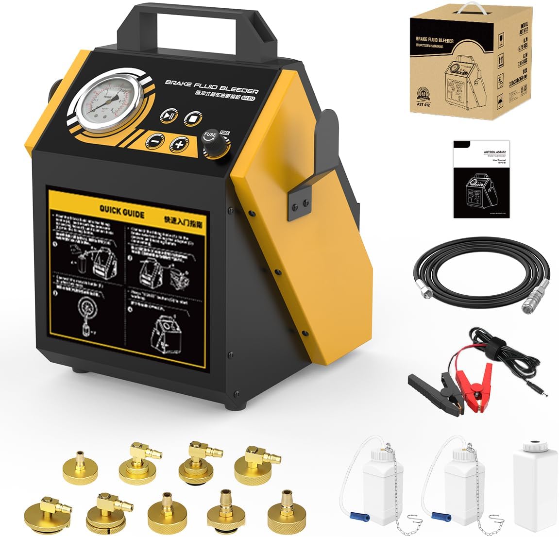 QPKING AST612 Pulsating Brake Fluid Bleeder, 5-Minute Oil Change, Two-Wheel Simultaneous Exchange, 1.5-3 bar Adjustable Pressure, 12V Portable with 9 Adapters for Most Cars