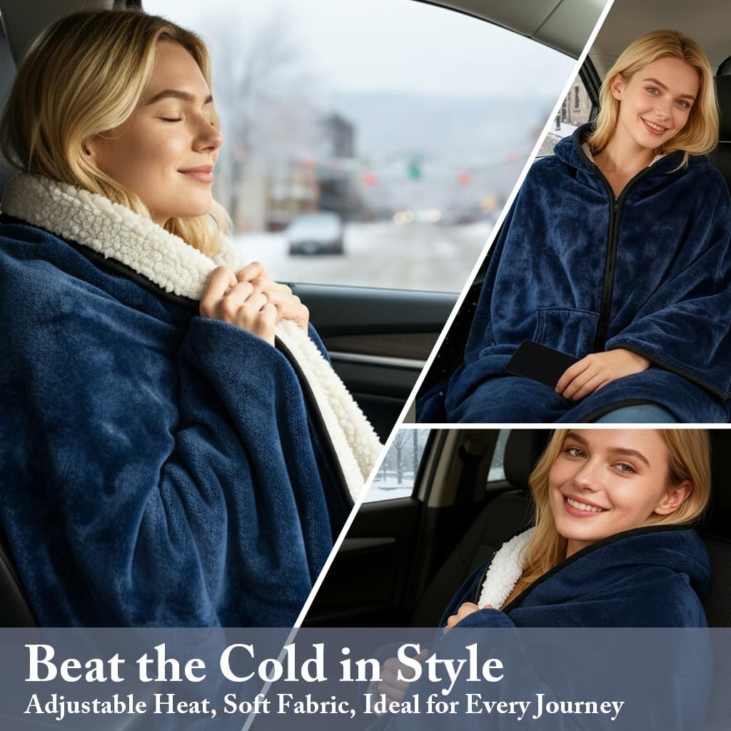 Sojoy Wearable 12V Heated Car Blanket with Zipper Design, Flannel Sherpa Electric Shawl for Cars Trucks SUVs, Fast Heating Lap and Shoulder Wrap for Cold Weather Travel，Navy Blue