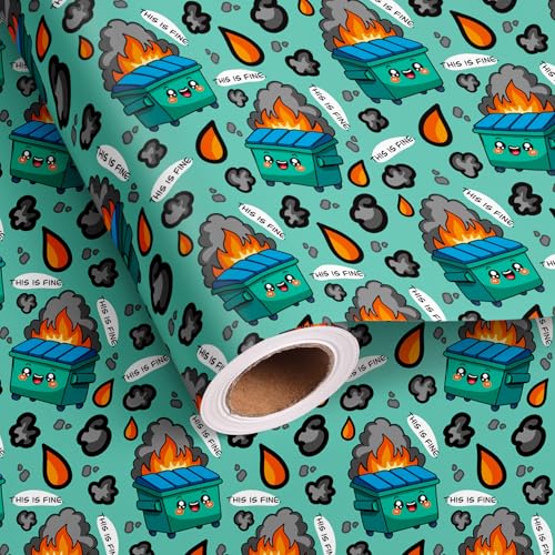 Vnaaem Funny Wrapping Paper Roll - Green Funny Dumpter Fire This Is Fine Text Design Gift Wrap for Holiday Birthday White Elephant Party (Total 28.5 sq.ft)