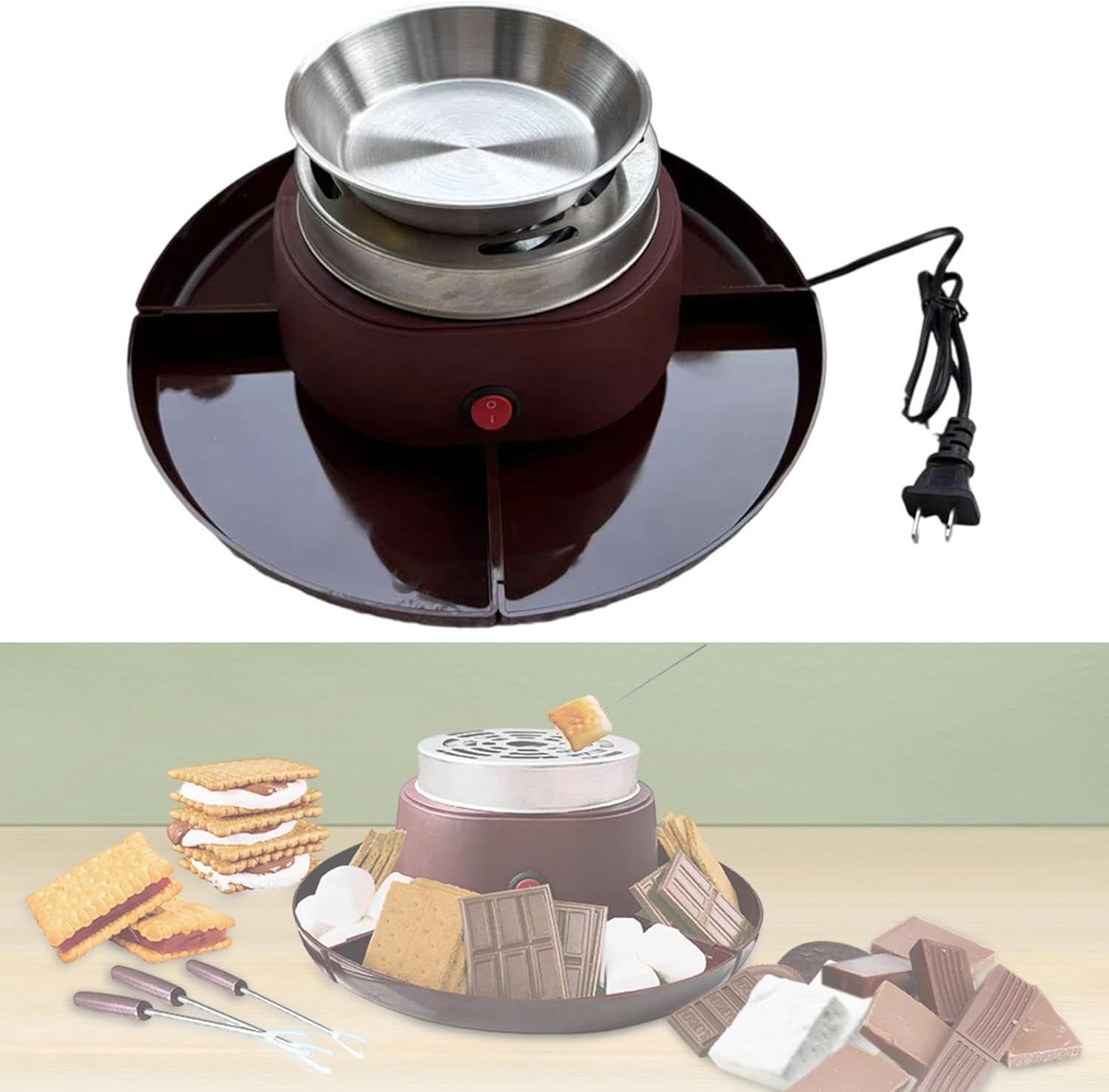 Electric Maker Marshmallow Roaster Melt Fondue Pot Electric Fondue Pot Set with Forks for Wedding Tabletop Party, Reddish Brown