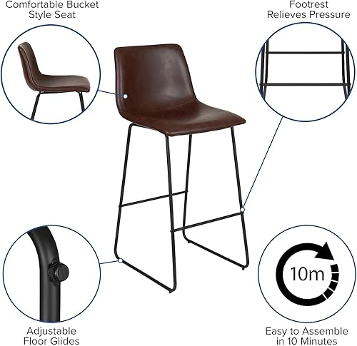 Miniatura 5 de Flash Furniture Reagan - Taburetes de bar LeatherSoft de 30 pulgadas con reposapiés, taburetes de barra de estilo moderno de mediados de siglo,