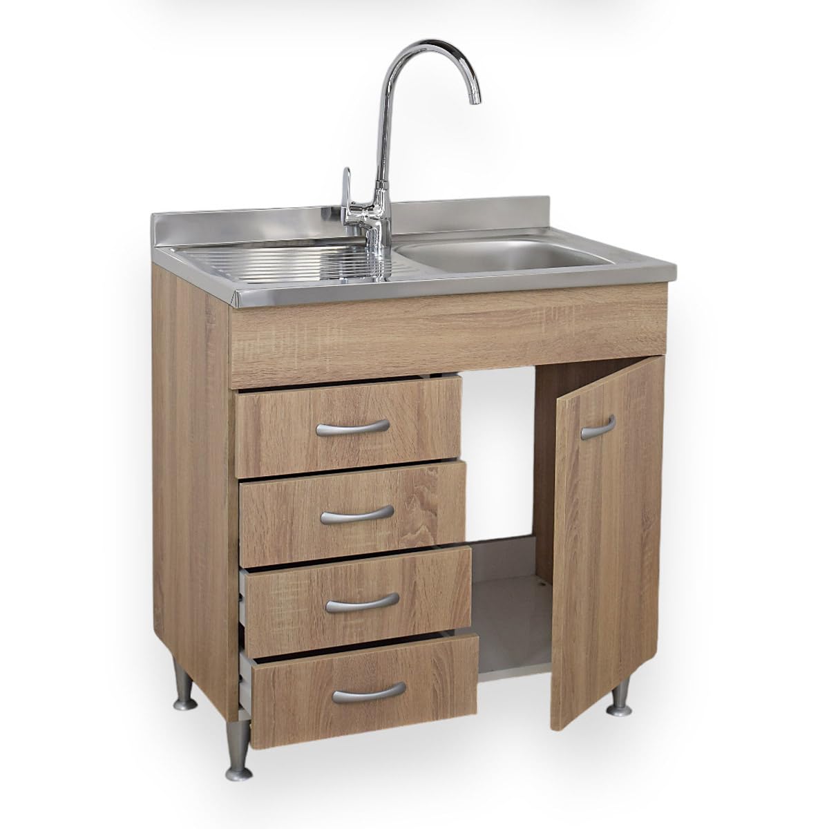 Yellowshop - Mobile cucina sottolavello a 1 anta e cassettiera cm 80 effetto legno rovere well componibile con lavello inox e scolapiatti Basic (Sottolavello completo cass. Sx)