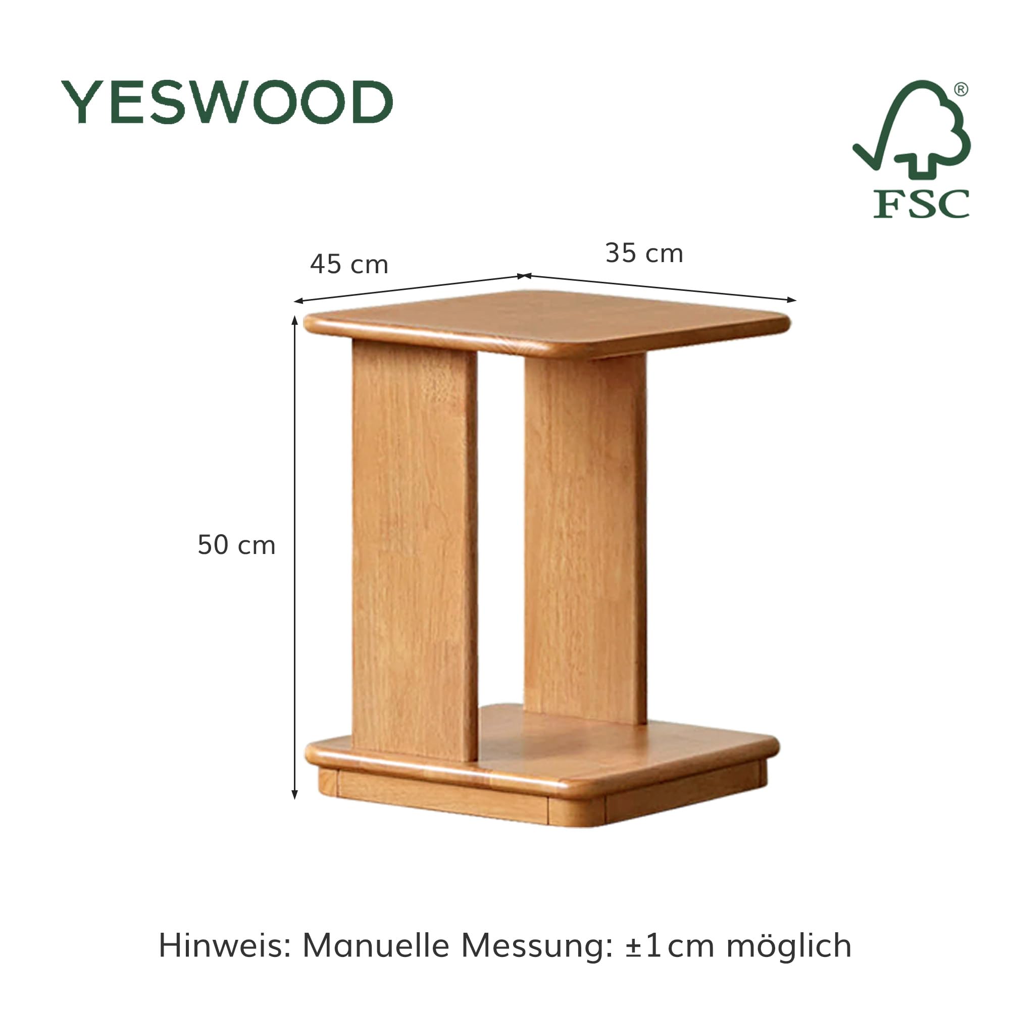 YESWOOD Beistelltisch Gummibaumholz mit Rollen 45x35x50 cm