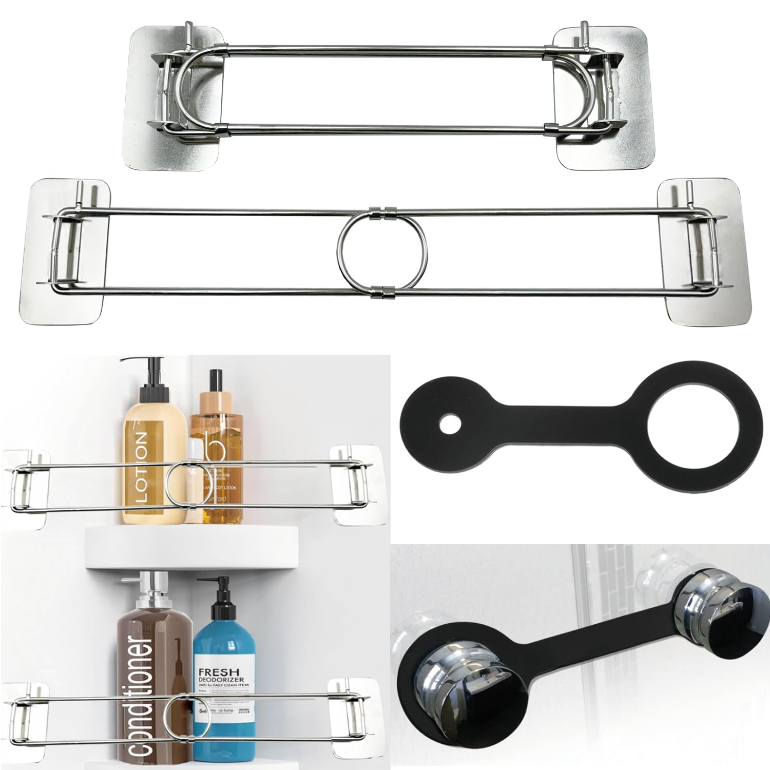 JJunLiMRV Shower Corner Storage Bar, 7-13 inches RV Bathroom Travel Trailer Storage Organization Coner Bar with RV Shower Door Travel Latch Strap, RV Camper Must Haves Accessories