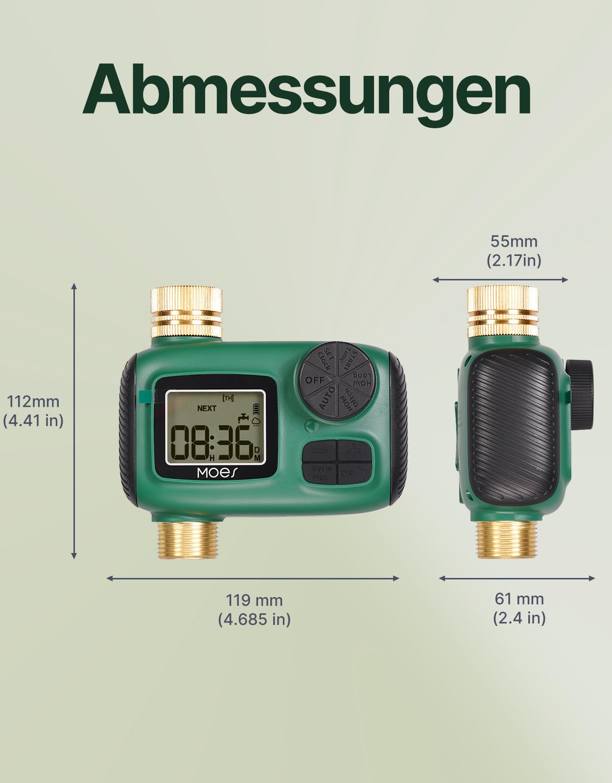 MOES Bewässerungscomputer mit Messinganschlüssen, Auslaufsichere Bewässerungsuhr für Garten & Rasen, Automatik- & Manueller Modus, Wasser Zeitschaltuhr mit Regenverzögerung & Großem LCD-Display