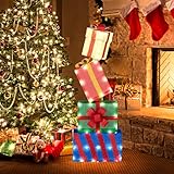Tangkula 4 Ft Stackable Gift Boxes, Set of 4 Stacked Boxes with Warm White LED Lights, Festive Bows, 2 Display Methods, Pre-lit Holiday Decoration for Fireplace, Foyer, Garden, Yard