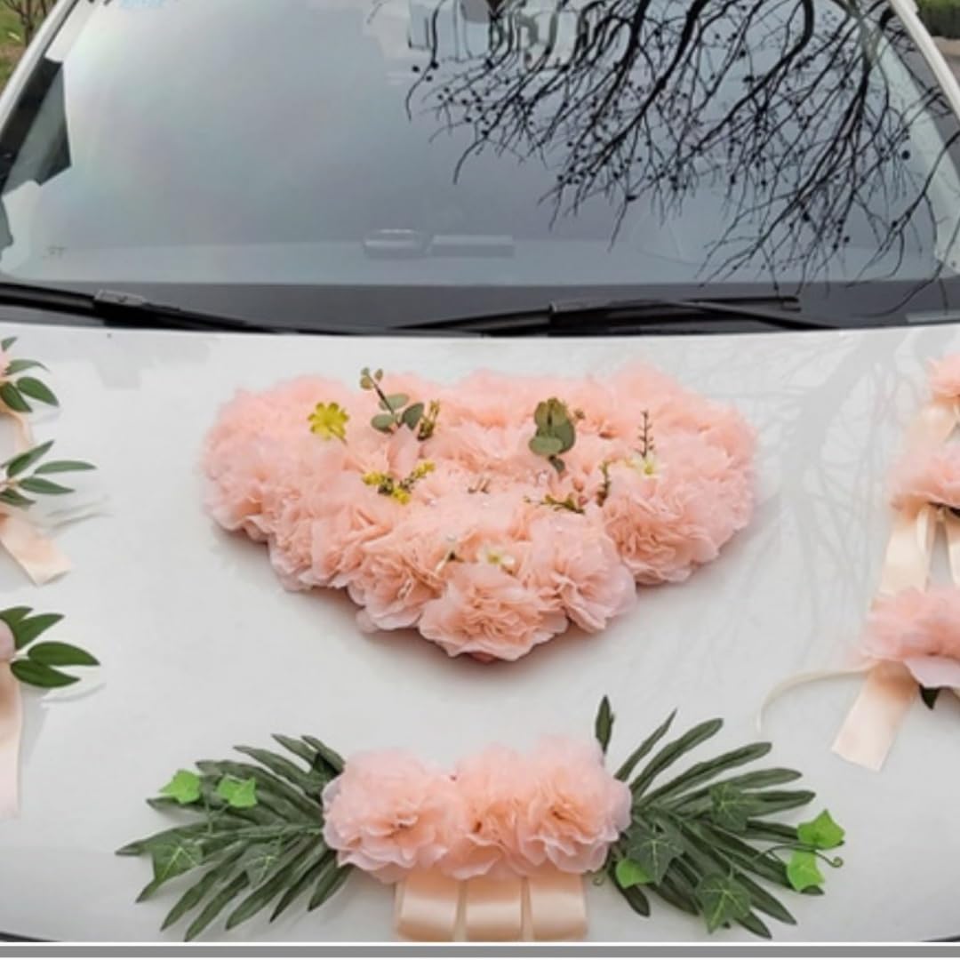 Décoration de voiture de mariage - Fleurs artificielles en soie - Cœur - Guirlande de capot - Poignée de porte de voiture - Décoration florale pour voiture de mariage - Décoration de voiture de
