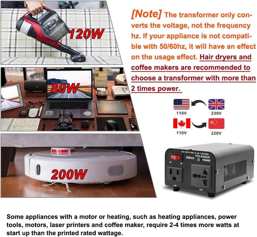Image of 500W Voltage Transformer Power Converter 110V to 220V, 220V to 110V | Yinleader Step Up /Down Converter 110 /120 Volt - 220 /240 Volt w /US Power Cord [300W Continuous Power]