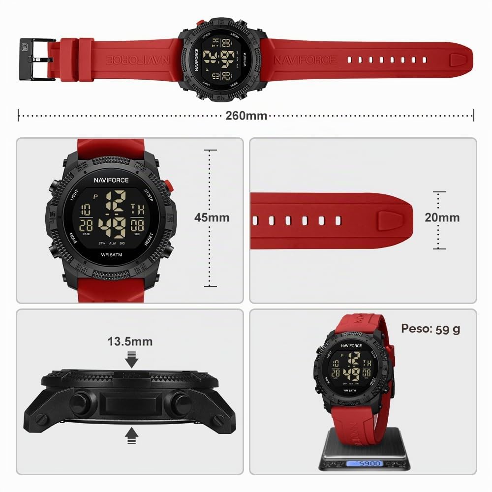 Naviforce Reloj Deportivo Digital Resistente al Agua para Hombre y Mujer, con cronómetro, Alarma y Correa de Goma