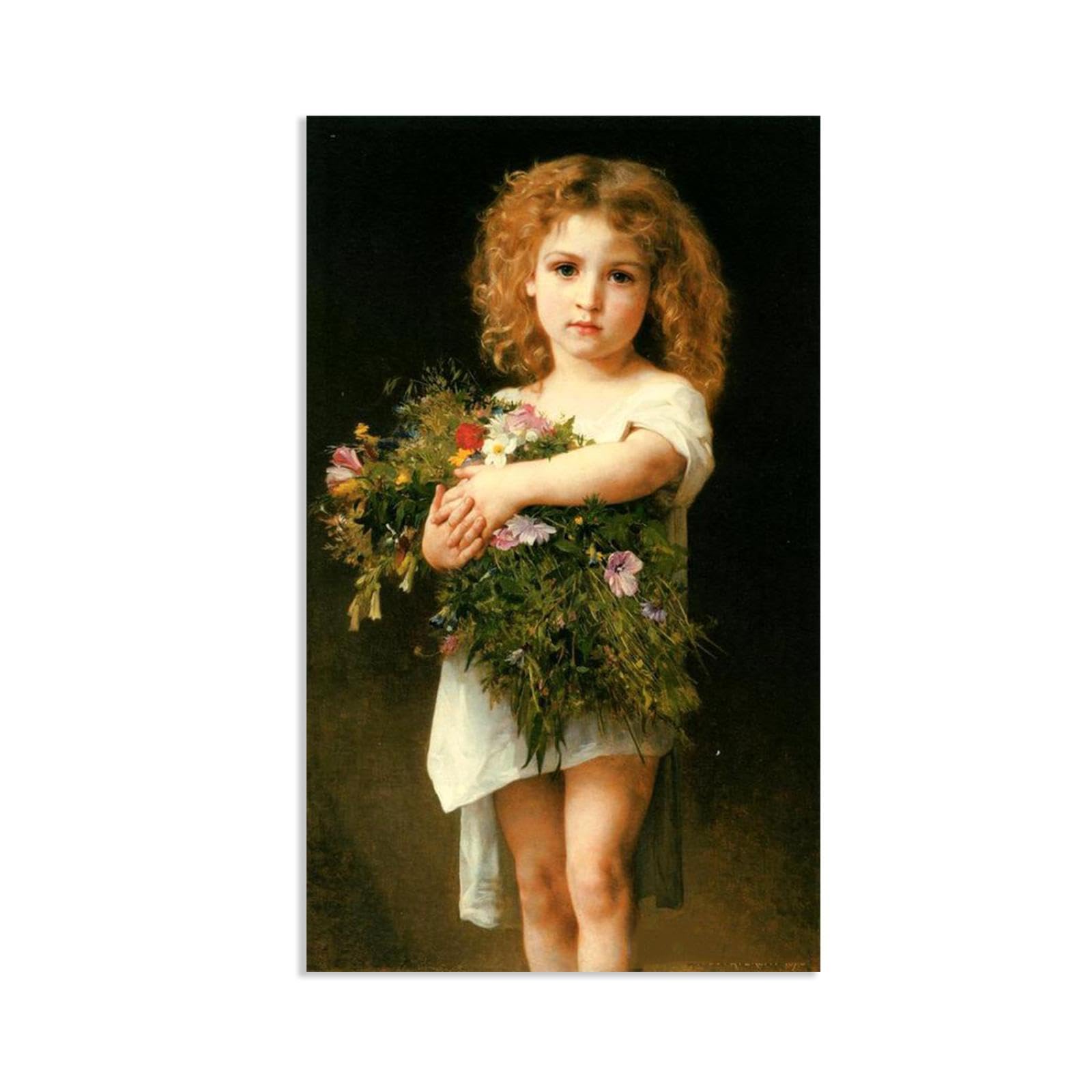RXNHGJDS William-Adolphe Bouguereau Wall Art Little Girl Holding Flowers Classical Art Prints Picture Famous Artwork Wall Decor for Living Room Bedroom Bathroom Home Decor 120x70cm frameless