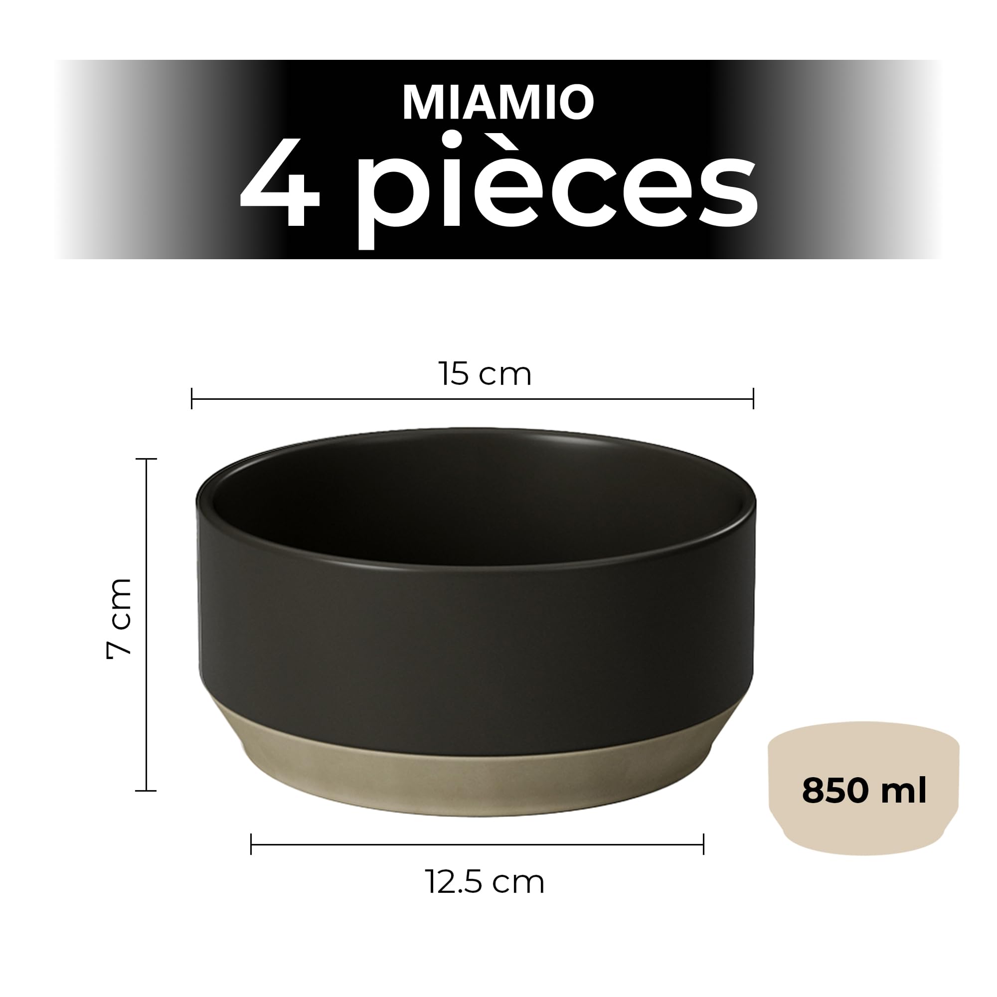 MIAMIO – Ensemble de 4 bols/Ensemble de bols en céramique (850 ml) pour pâtes, ramen, céréales, salade – Convient au lave-vaisselle et au micro-ondes – Collection Sierra (Noir, Bols (4x))