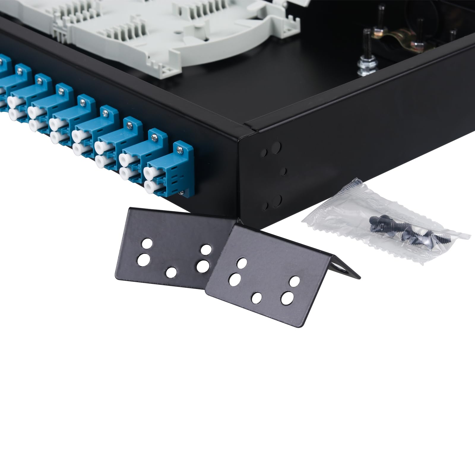 24 Duplex Single Mode 48 Port LC Rack Mount Enclosure Box + vassoi di giunzione Cavi in fibra LC-UPC Kit, 48 Core LGX Patch Panel Box adatto per armadi rack da 19" (include Pigtail e