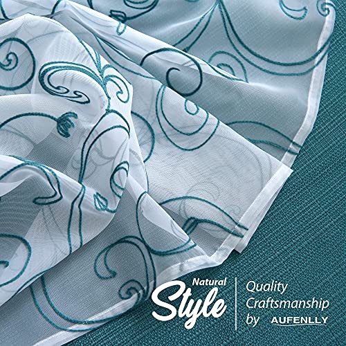 Aufenlly 2 Embroidery Floral Semi Sheer Curtains And 2 Burlap Teal Curtains For Window Curtains 4 Panels Sets Curtains For Living Room Curtains 84 Inches Long (Brittany Blue, W27.5Xl84 Inch Each) #TOP5