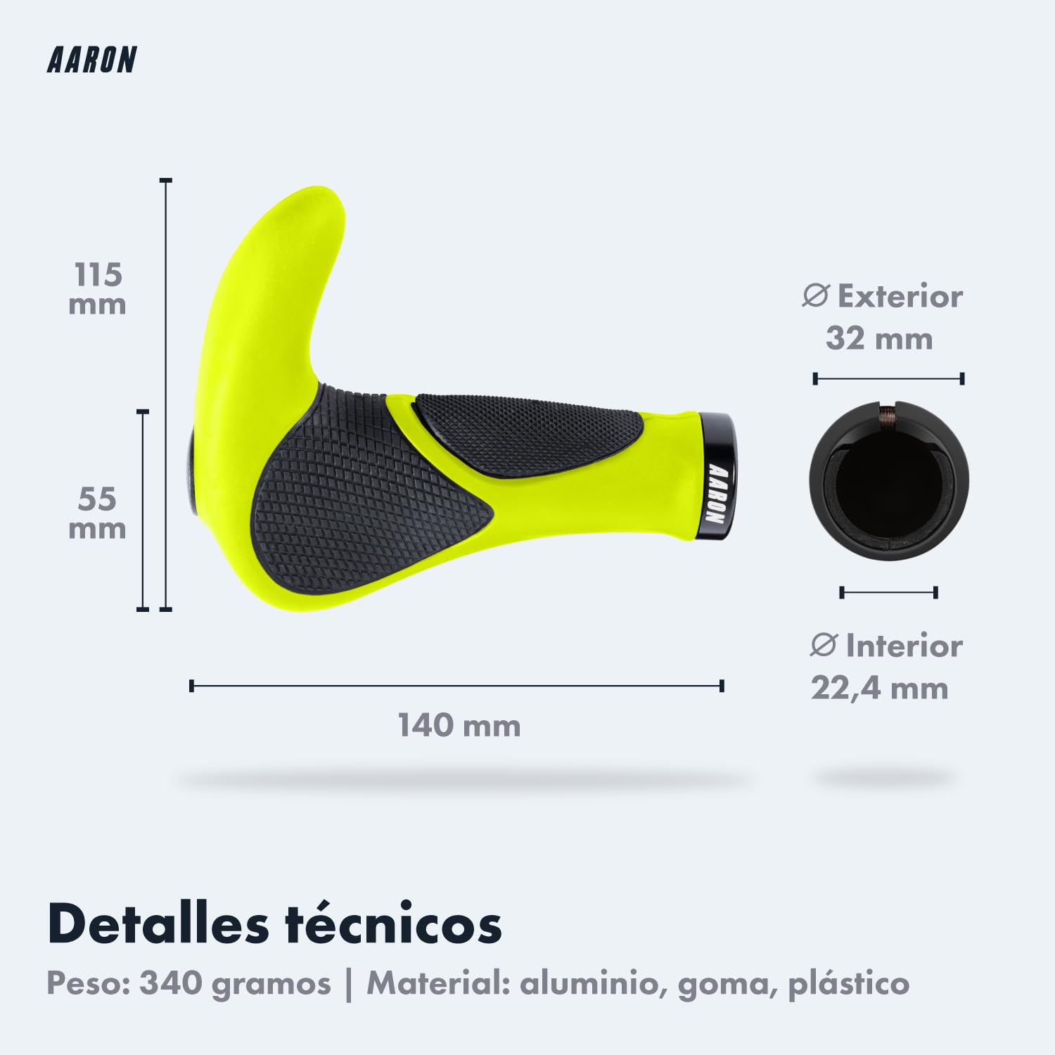 AARON Horn - Puños de Gel con acoples y amortiguación - Diseño ergonómico Antideslizante - para bicis utilitarias, eléctricas, de Trekking y de montaña - Negro