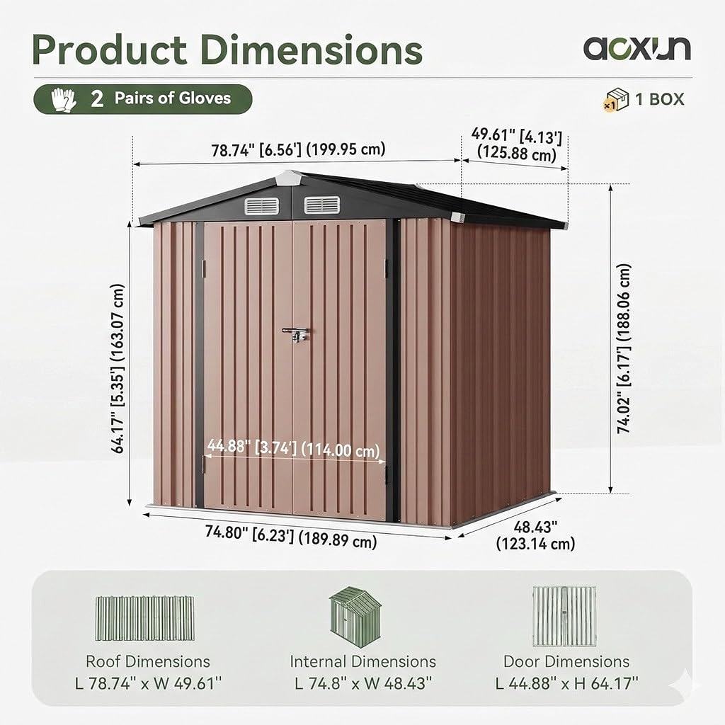 Aoxun Garden Sheds 6x4ft, Metal Shed Bike Tool Shed, Sheds and Outdoor Storage with Lockable Doors & Slooping for Backyard, Patio, Poolside,Brown — view 6