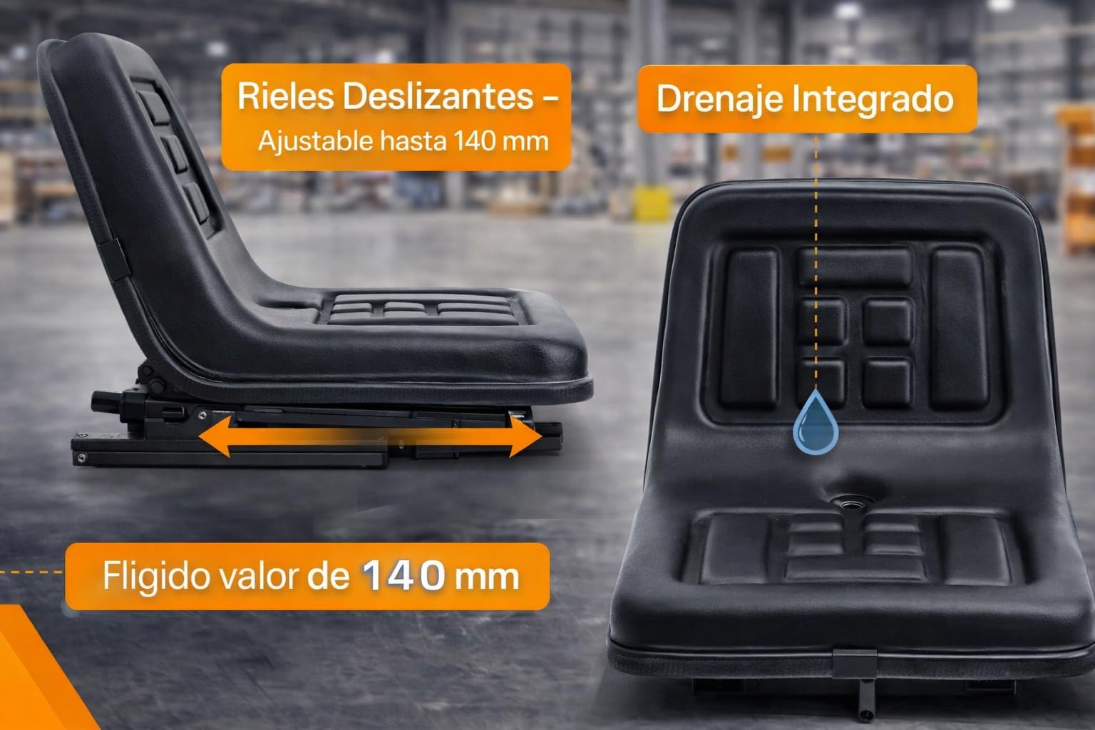 Seggiolino per trattore e carrello elevatore universale con binari scorrevoli | Sedile in un pezzo impermeabile | Compatibile con tosaerba, tosaerba, carrello da golf e macchine agricole