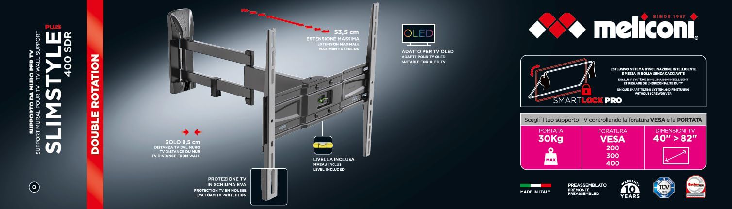 Meliconi Slimstyle Plus 400 Sdr, Supporto con Doppio Braccio da Parete per Tv a Schermo Piatto Da 40’’ A 82’’, Nero