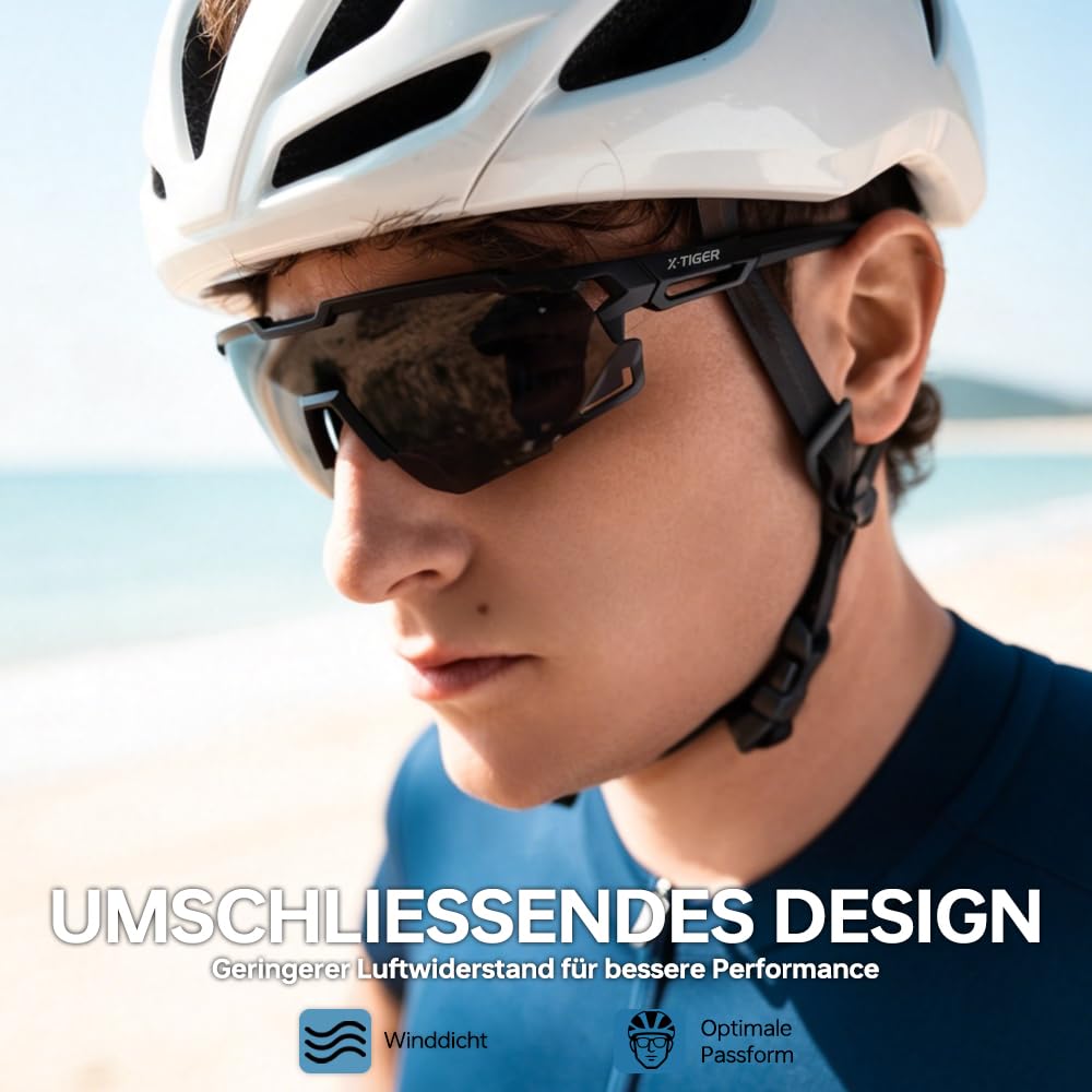 X-TIGER Schnelle Brille Herren, Damen Fahrradbrille Ultra-Leichter TR90 Rahmen, UV400 Schutz polarisierte Sportbrille mit verstellbarem Nasenpad und Ohrhaken für Laufen/Fahrrad/Angeln