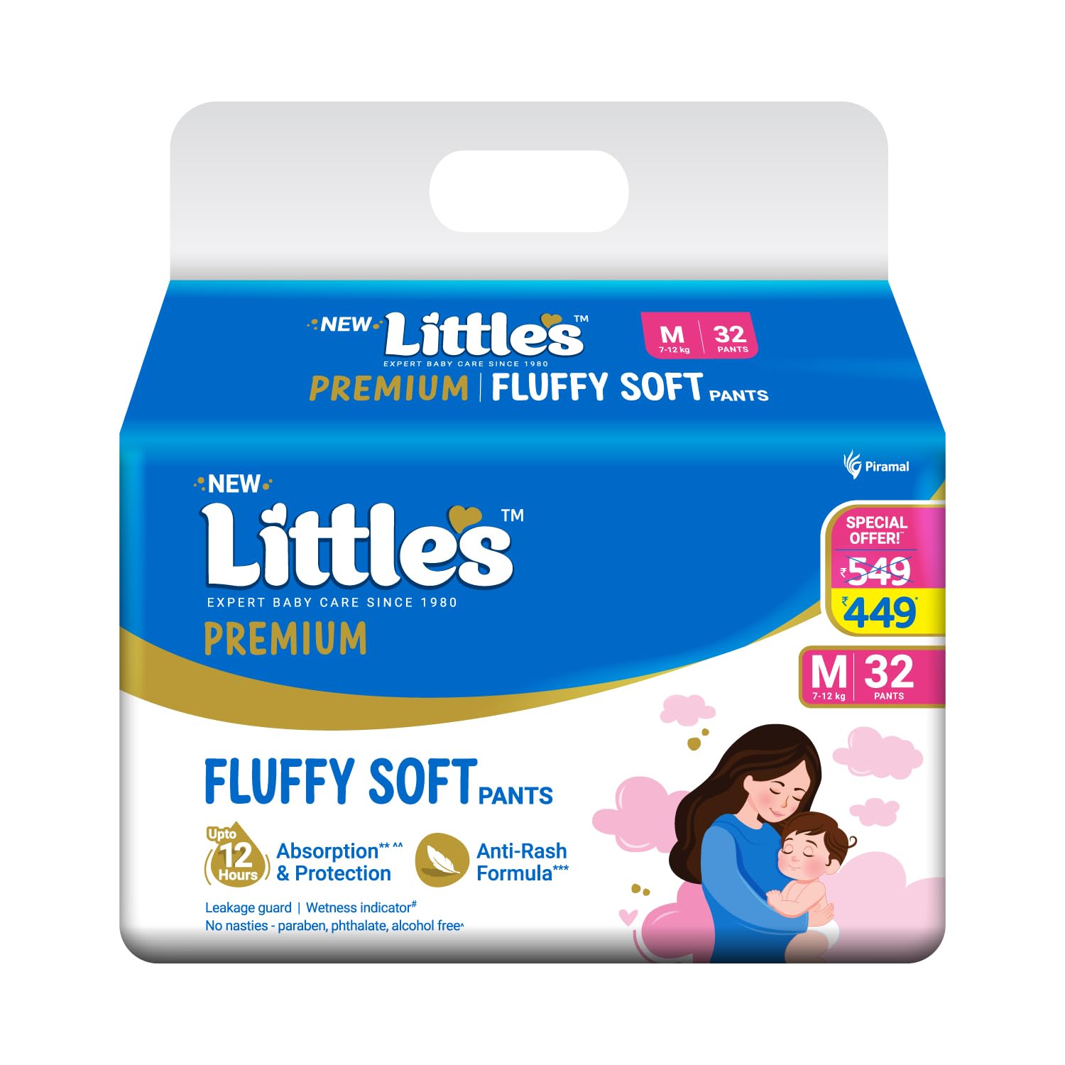 Premium Baby Diapers M Size (Medium) Pants Style | 7-12 kg | 32 Count - Pack of 1 | FluffySoft Baby Diaper with Leakage Guard, Wetness Indicator & 12 Hours Absorption