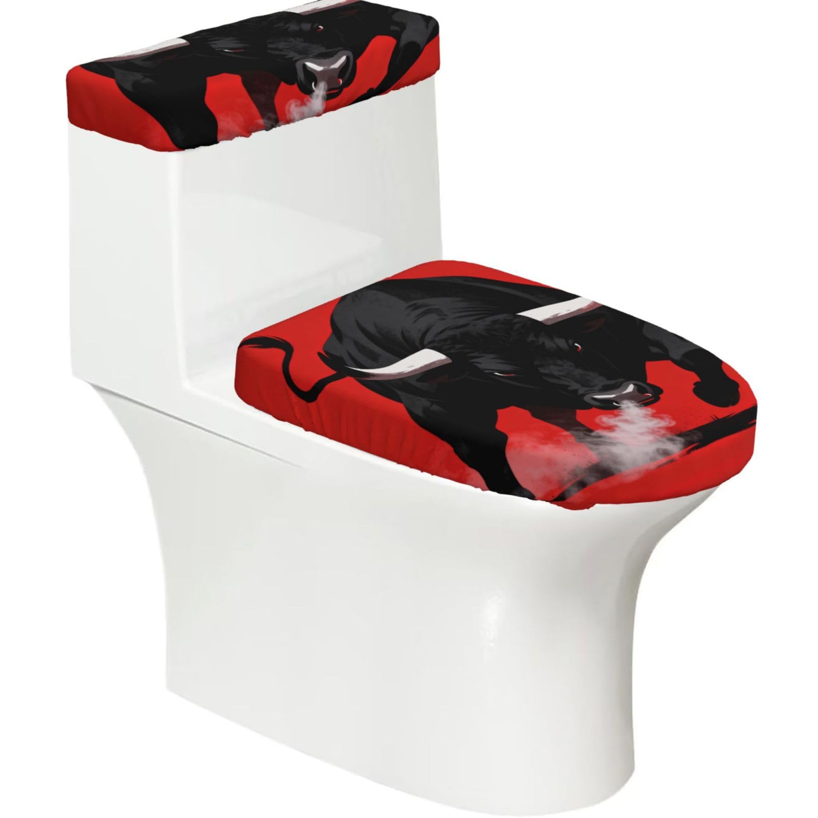 Iron Bull Charge Elastic Toilet Cover Set of 2-Stretchy Lid and Tank Covers for Bathroom, Soft Washable U Shape Toilet Decor