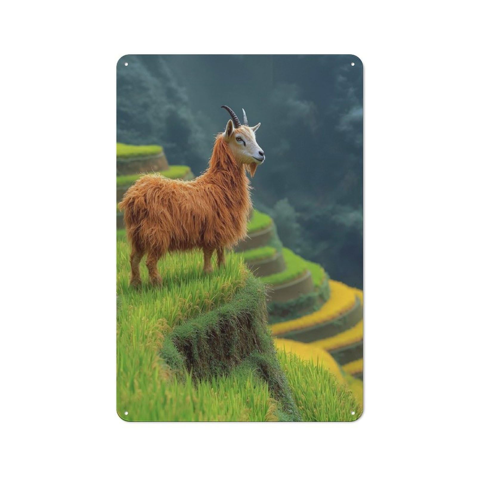 Junmoney Style-9 Garage Style Goat On Rice Terraces Decorative Metal Plaque 30X20cm, Garage Wall Decor For Workshop, Basement, Shed Or Games Room