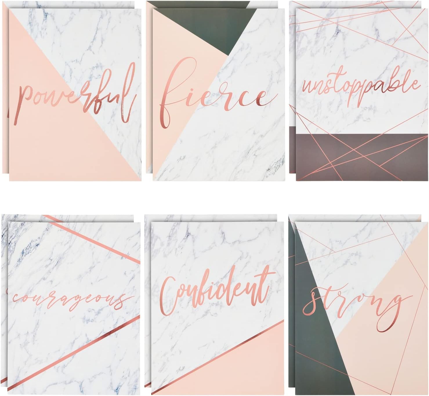 Paper Junkie 12-Pack Inspirational 2 Pocket Folders with Pink Marble Design Print, 6 Decorative Rose Gold Motivational Designs for School, Home, and Office, Women and Girls (9x12 in)