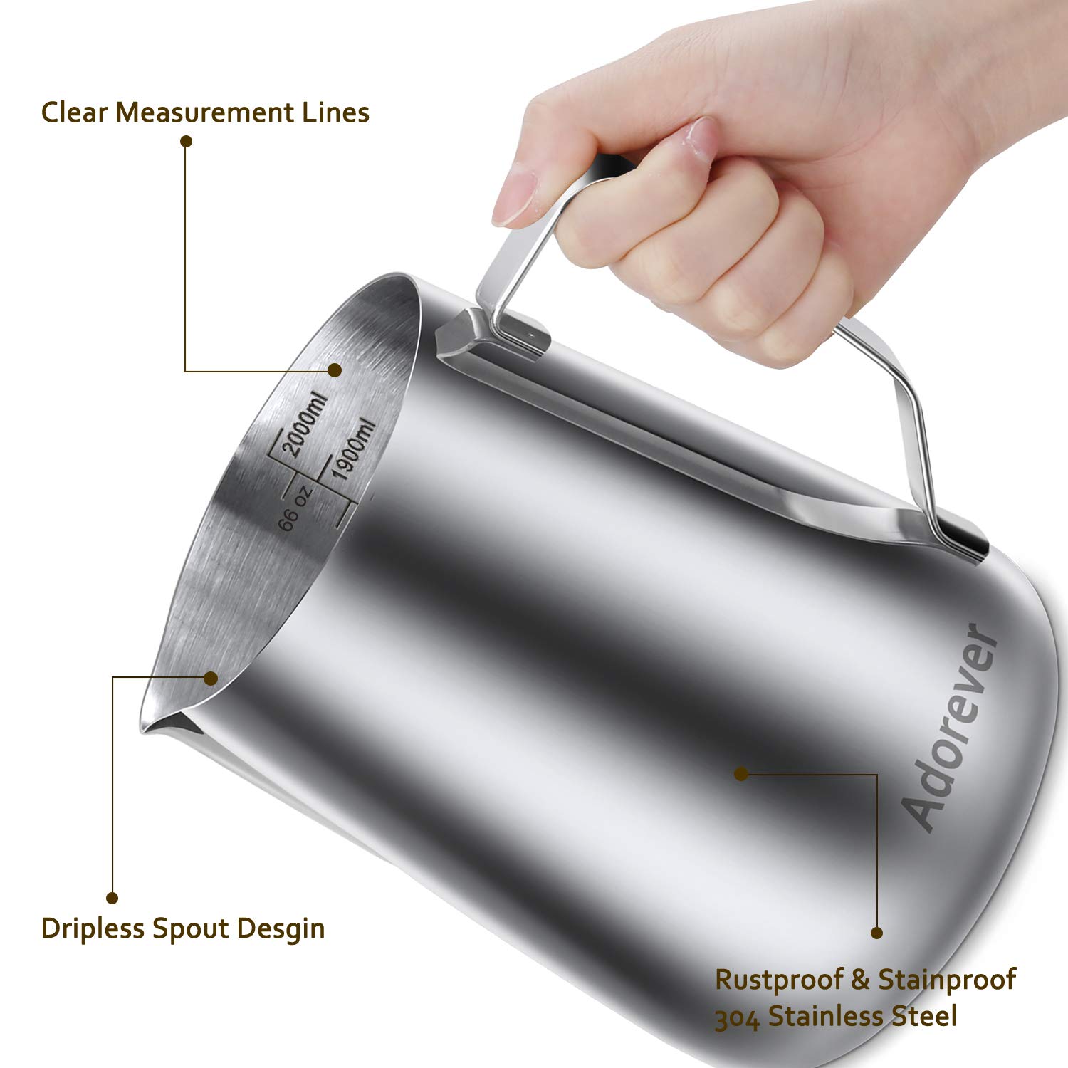 Jarra para espuma de leche de 350 ml, 600 ml, 900 ml, 1500 ml, 2000 ml, de acero inoxidable, para decoración barista de café con leche, capuchino - Jarra espumadora con lápiz para latte art