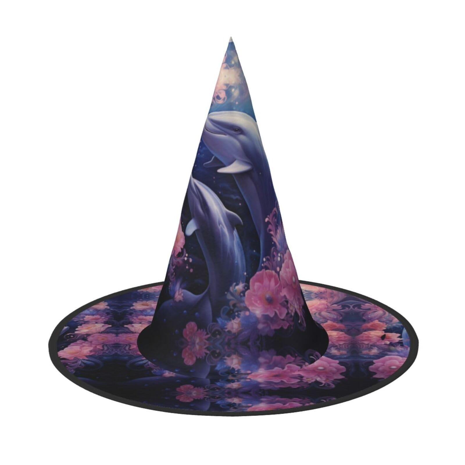 Trukd Spooky Hat-Halloween Witch Deep Sea Dolphins And Pink Flowers Hat For Festive Headwear,Cosplay Party, Black