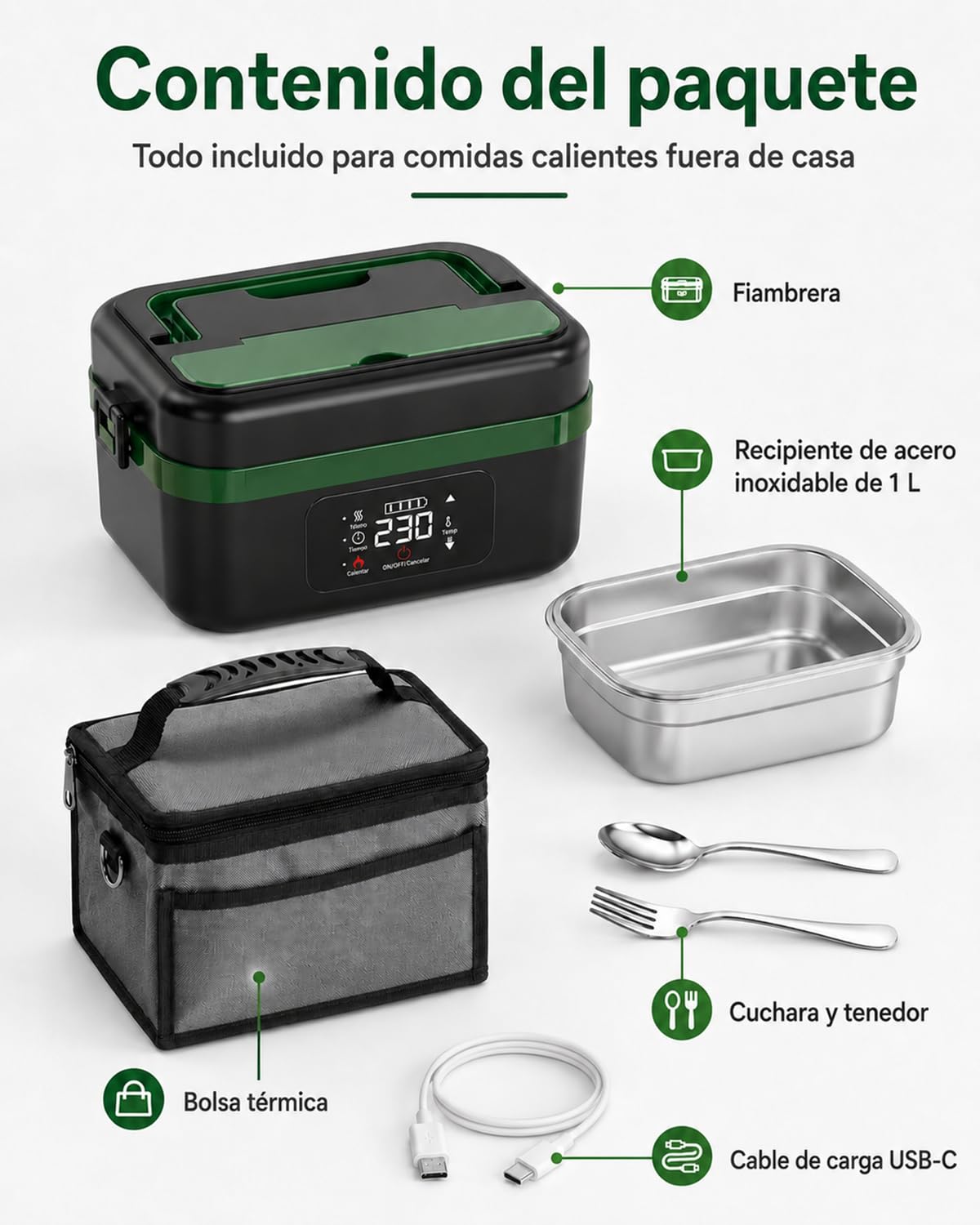 LANMOU Fiambrera Eléctrica Sin Cables 1L, Batería 16000mAh, Acero Inox 304 | Tupper Eléctrico Recargable Usb-C, 6 Temperaturas, Temporizador, Para Coche Camión Oficina Y Trabajo, 60w