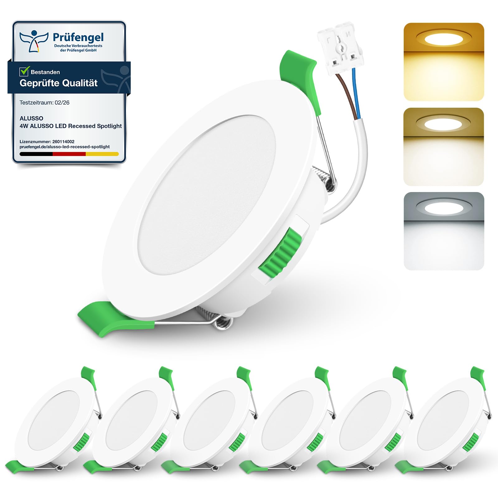 ALUSSO 6 Stück Einbaustrahler Led 68mm,4W LED Einbaustrahler Dimmbar AC 220-240V,Warmweiß 3000K Neutralweiß 4000K Kaltweiß 6500K IP44 Deckenspots für Badezimmer Küche Wohnzimmer,Weiß