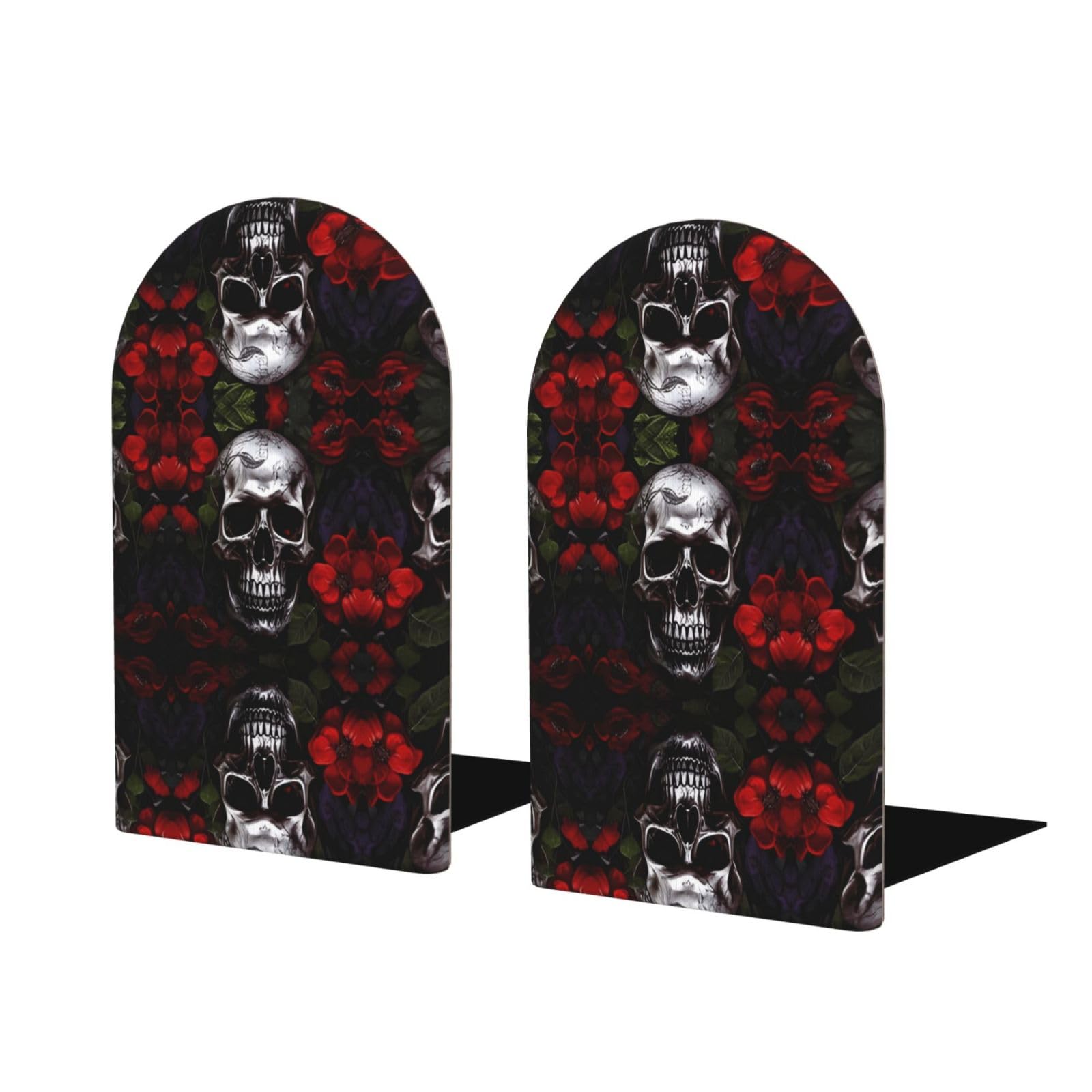 Halloween Skull Stylish Bookends with Full-Print Design Durable Wooden and Metal Bookend Set for Home, Office