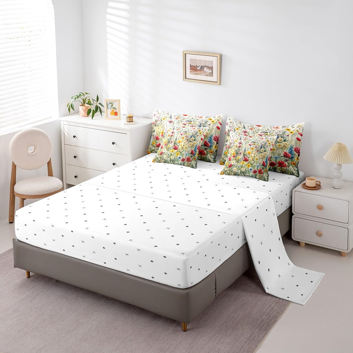 7 Piece Floral Bed in a Bag King Size Nature Botanical Sheet Set for Boys Girls Spring Daisy Print Bedding with Comforter Wildflowers Leaves Plant Print Cushion Covers Butterfly Decor Fitted Sheet 3