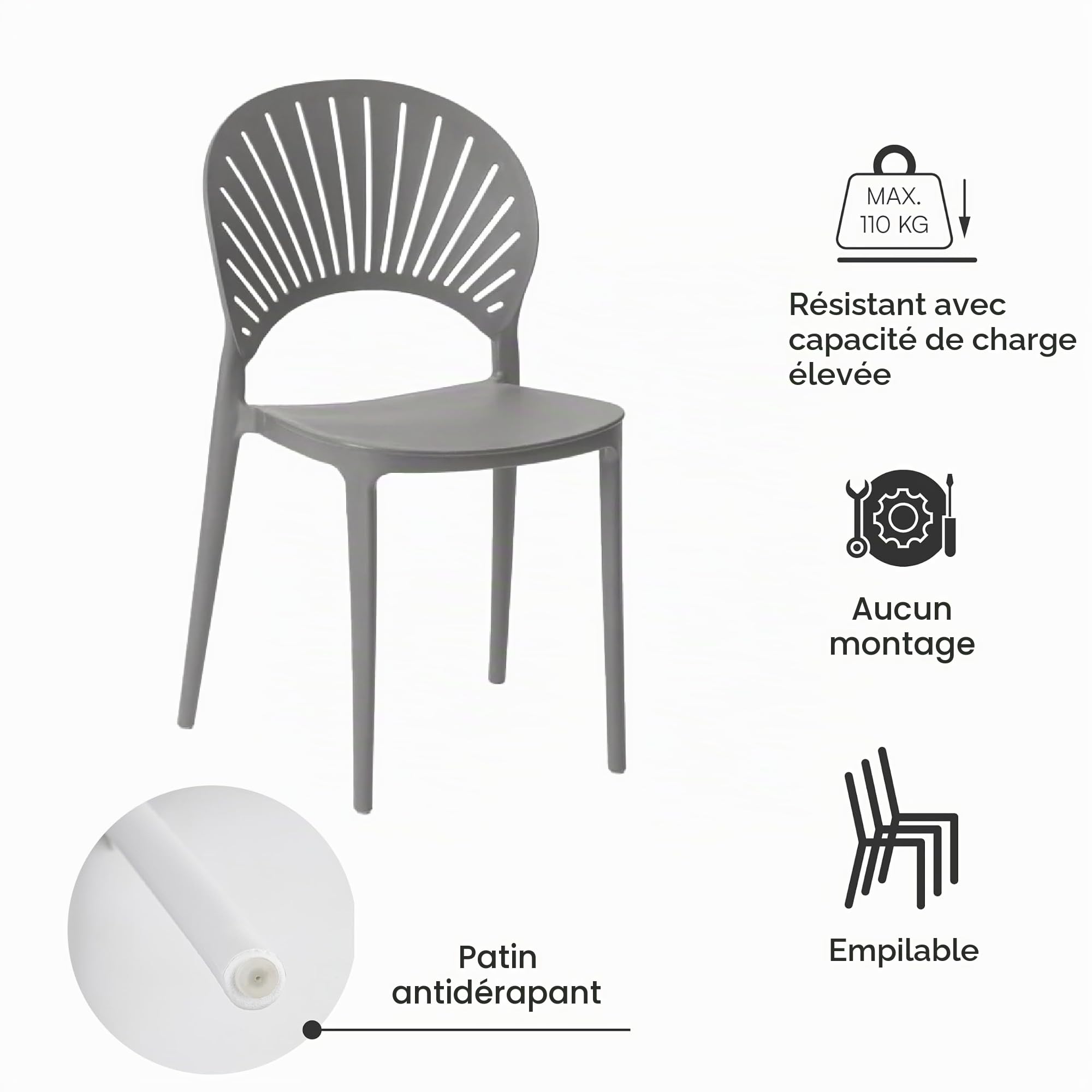 Baroni Home Lot de 4 chaises empilables en plastique, sans montage, faciles à nettoyer, avec patins antidérapants, pour cuisine, salon, salle à manger, 36 x 37 x 72 cm, gris, grand dossier avec rayons