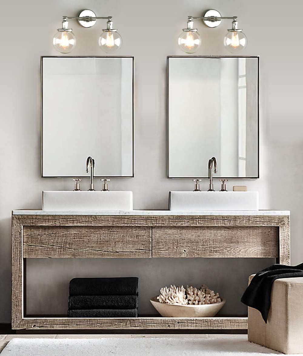 Phansthy Hardwired 2-Light Wall Sconce Industrial Wall Light with Dual 5.9 Inches Globe Glass Lampshade, Modern Sconces Wall Decor Light for Bathroom Mirror Living Room Hallway Bedroom (Chrome)