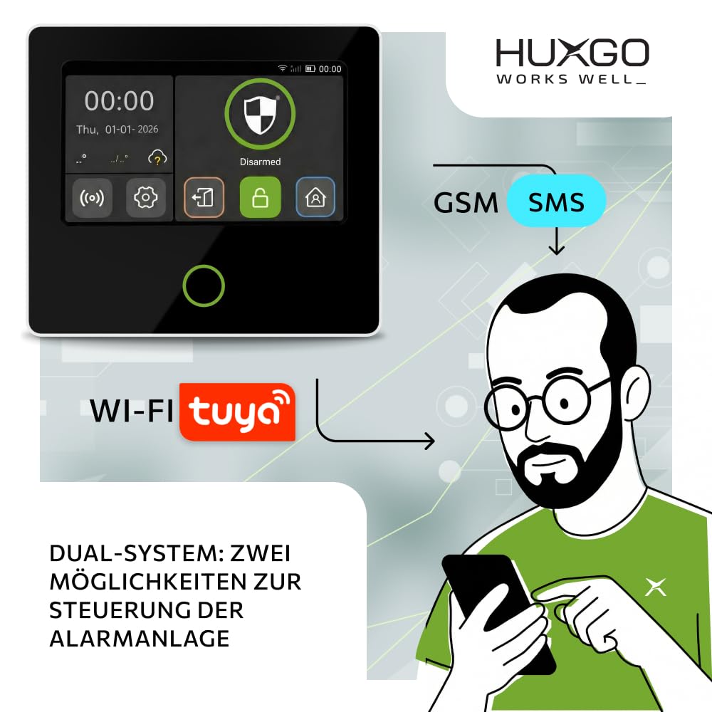 Funk Alarmanlage Set Haus mit Solar-Alarmsirene WLAN + GSM 4G | 1x Bewegungsmelder, 1x Tür- & Fenstersensoren | steuerbar über das Smartphone/App – Modell HUXGO HXA502