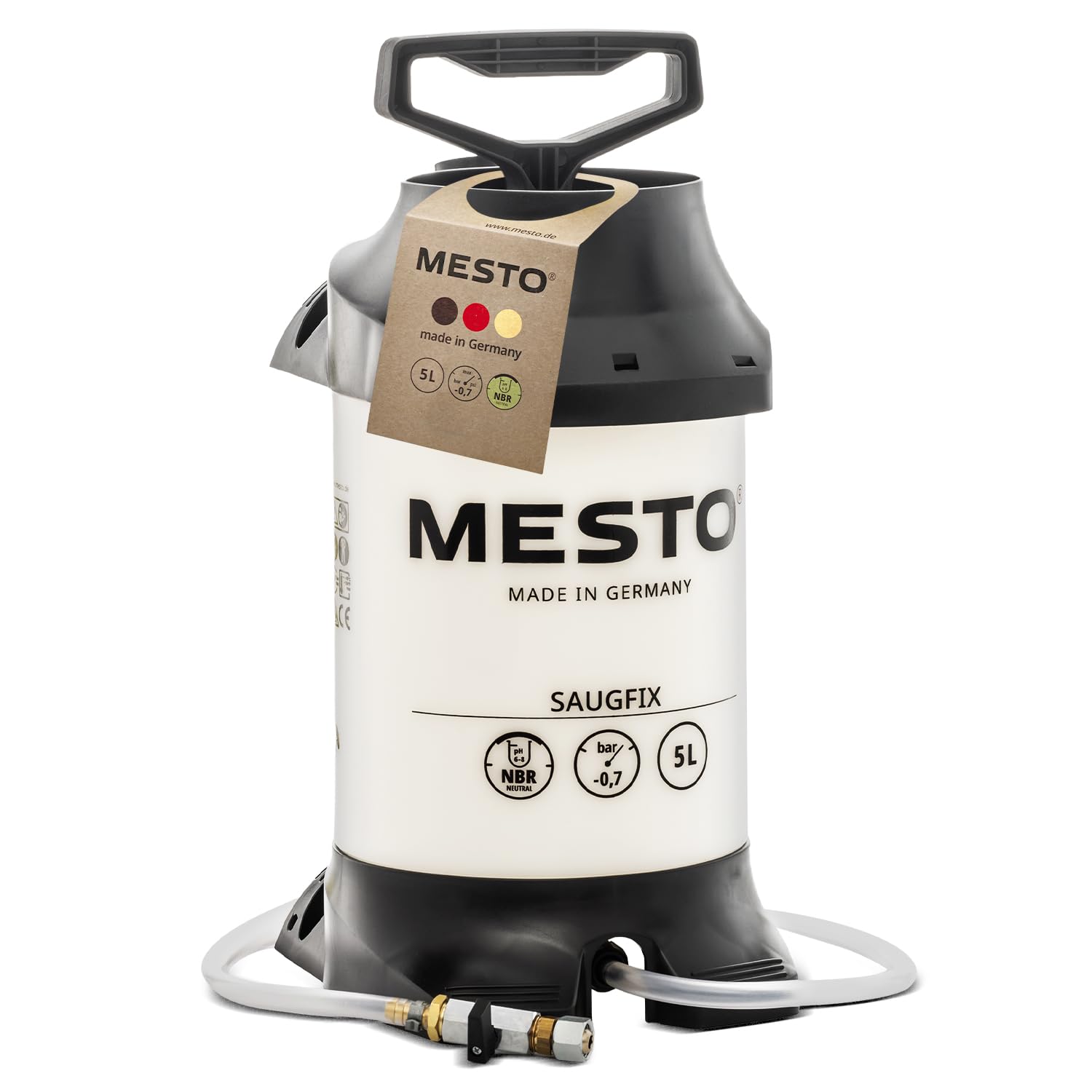 Mesto SAUGFIX Sauggerät 5 L| Saugpumpe mit 0,7 bar Unterdruck | Ölabsaugpumpe für Schmieröl & Nicht Aggressive Flüssigkeiten | Ideal für Auto, Werkstatt & Industrie | mit Kugelhahn & SK-Verschraubung