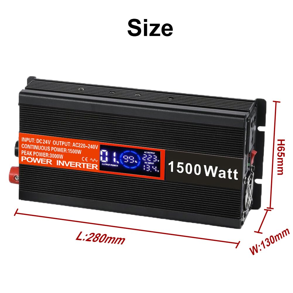 SolaMr 1500W Inversor de Corriente DC 24V a AC 220V/240V con Pantalla LCD y Puertos de Carga USB Convertidor para Sistema Montado en Vehículo y Acampada Salvaje- 1500W