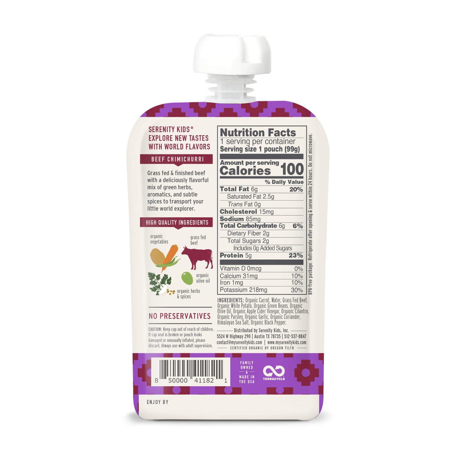 Serenity Kids 7+ Months World Explorers Baby Food Pouches Puree Made With Ethically Sourced Meats & Organic Veggies | 3.5 Ounce BPA-Free Pouch | Beef Chimichurri | 6 Count