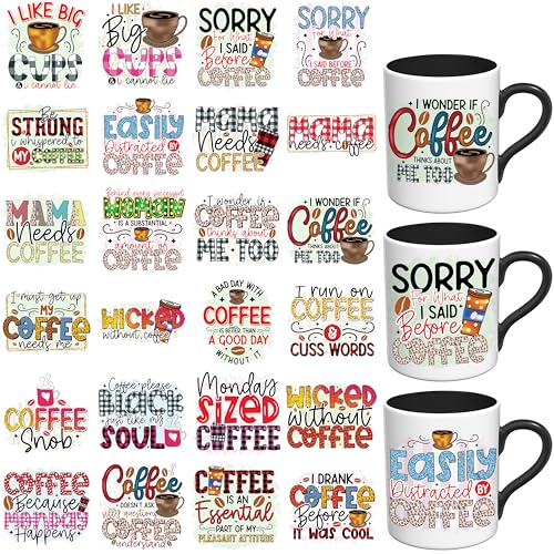 Elewins UV DTF Stickers - 24 Sheets Funny Coffee Saying UV DTF Cup Wrap for Coffee Mugs Glass, DIY Decals for Tumblers, Waterproof Rub on Transfers for Crafts