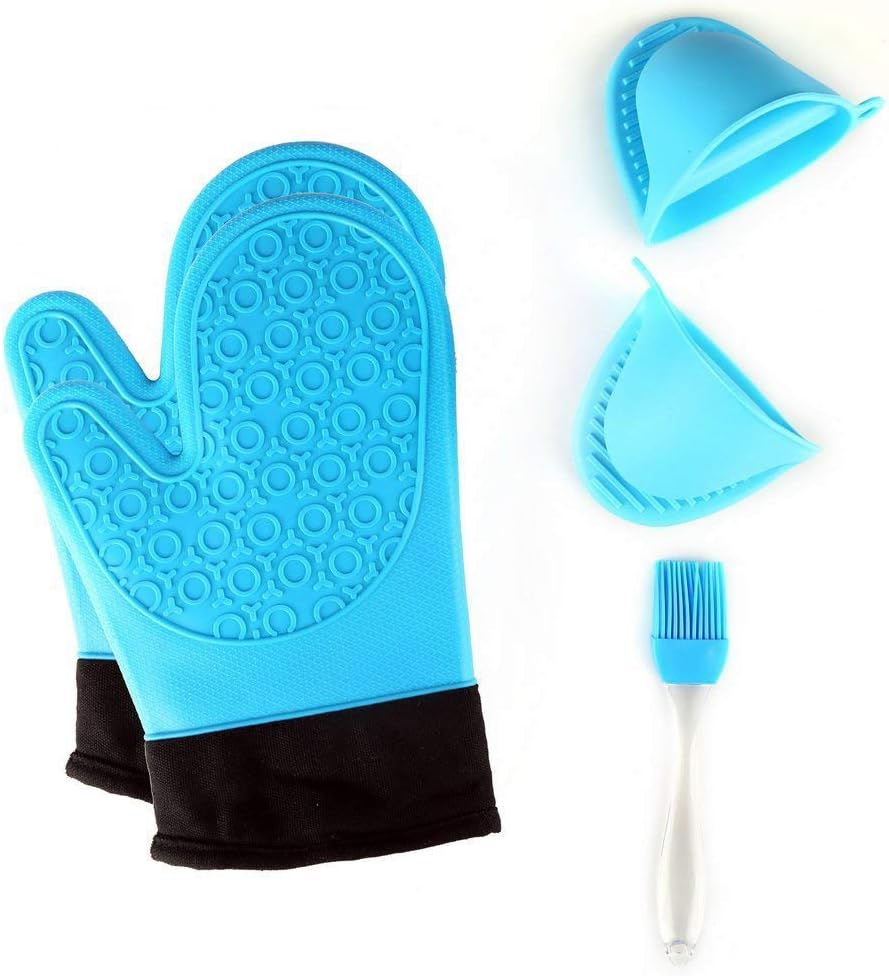 TOPBRY COMINHKPR131010 Heat Resistant Silicone Oven Gloves Non-Slip(1 Pair) for Kitchen Grilling Cooking and Baking& 2 Free Bonus Items-Brush & Pot Holder (Blue), 28 x 17 x 2.8 cm,