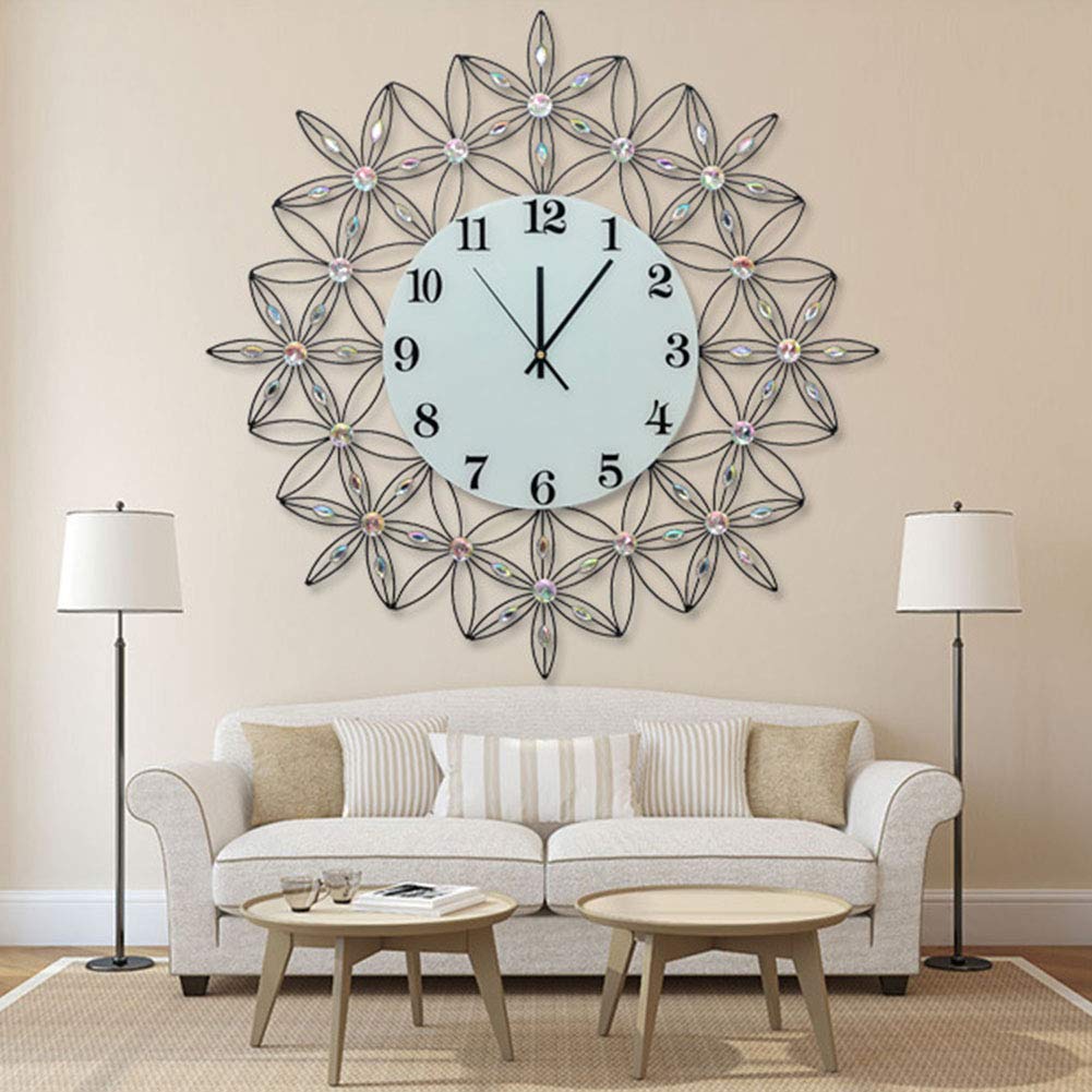 Reloj de Pared, Reloj de Pared Redondo Metal, Cuarzo, Diamantes, diseño Flores, Varios tamaños(A)