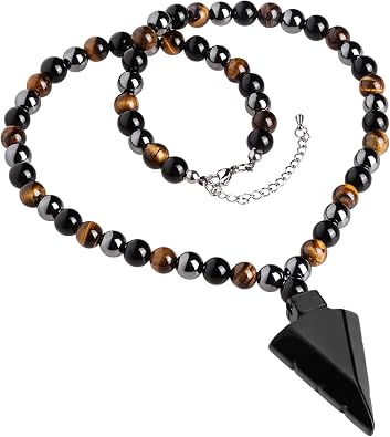 SUNYIK Natural Stone Arrowhead Pendant Triple Protection Beaded Necklace