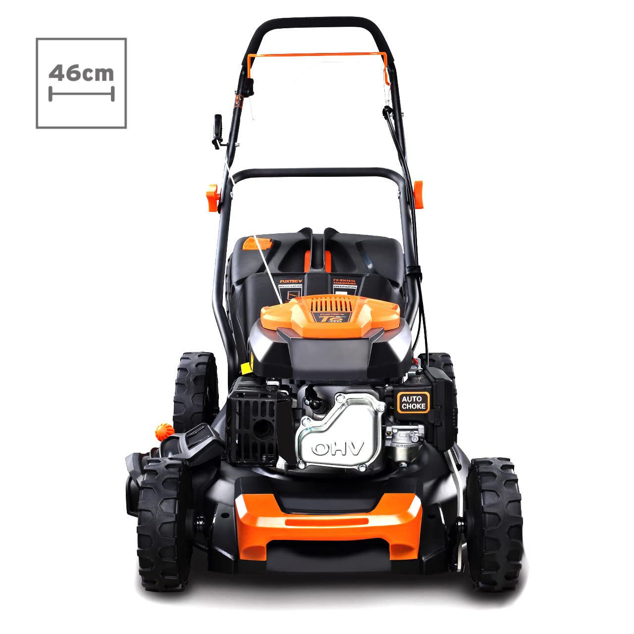 FUXTEC 4in1 Benzin Rasenmäher FX-RM4646 mit Frontbumper, Gartenmäher inkl. Seitenauswurf-Funktion, 46 cm Schnittbreite, 4-Takt mit Hinterradantrieb, kugelgelagerte Big Wheel Räder, 50L Grasfangkorb