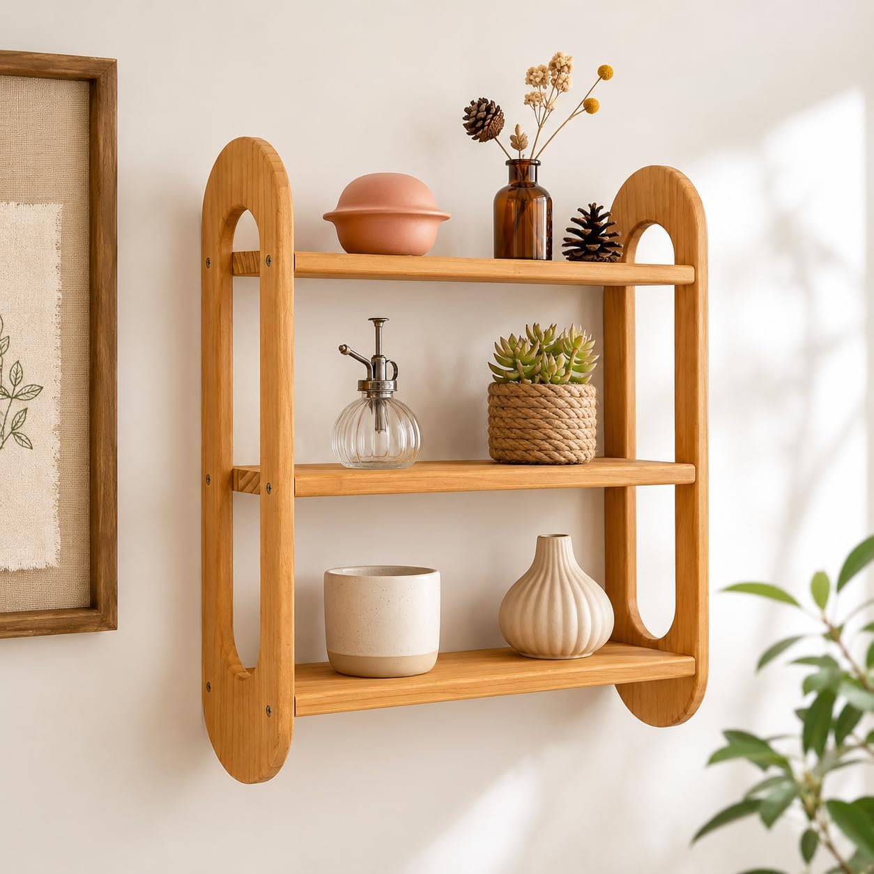 3 Tier Wall Shelf, Solid North American White Oak Floating Wall Shelf | Hand-Finished Smooth Rounded Corners, for Nursery, Study, Bedroom, Living Room, Bathroom, Entryway, Fall Home Decor Gift