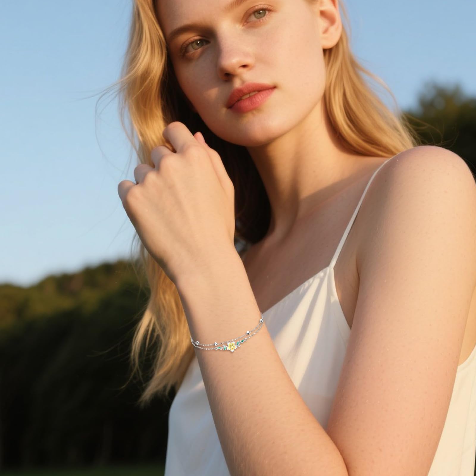 YFN Bracciale in argento sterling 925, a doppio strato, con fiori, alla moda, regalo di compleanno, per signore, madre, nonna