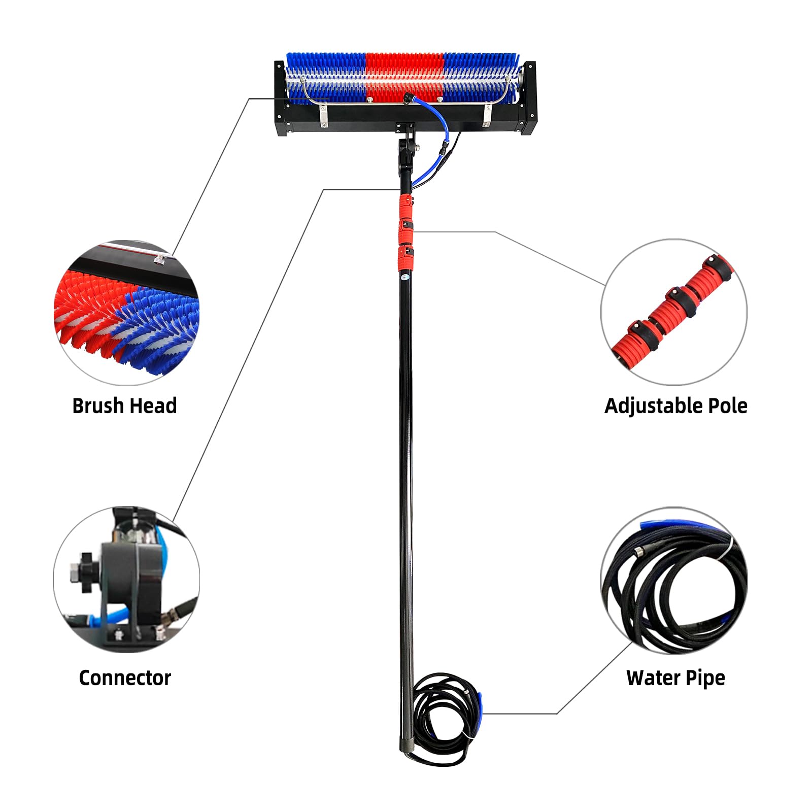 Cepillo Rodillo de Limpieza de Paneles Solares, 24 FT Kit de Poste Alimentado por Agua, Kit de Limpieza de Ventanas para Exteriores Ajustable, con batería de Litio ASIN B0D48LP1P1